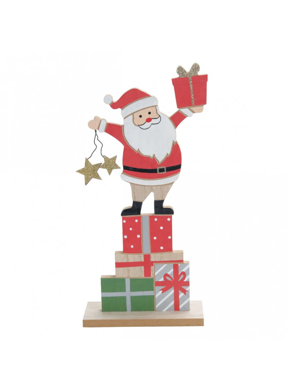 Papai Noel de Madeira com Presentes e Estrelas 30cm Decoração