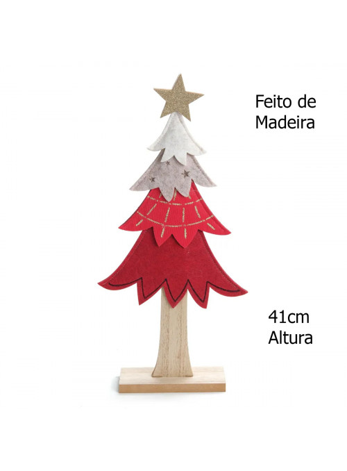 Árvore de Natal Madeira com Estrelas Vermelho e Branco 41cm Decoração