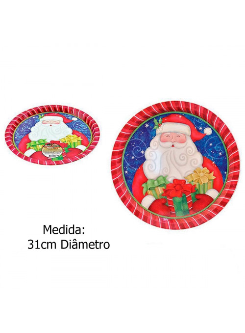 Bandeja Redonda de Metal Papai Noel Natal 31cm Decoração