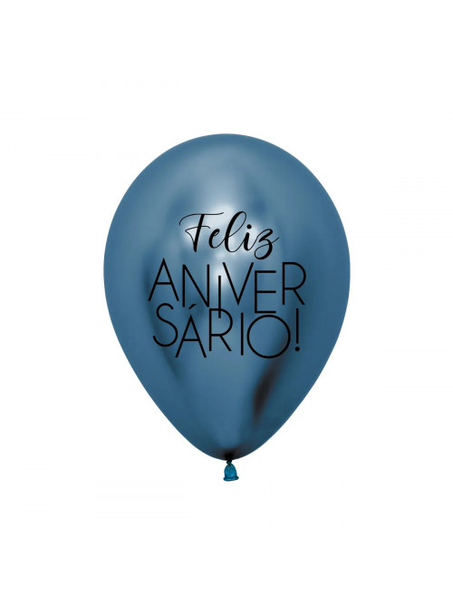 Balão de Látex Feliz Aniversário Azul Cromado 12 Polegadas 28cm 10 Unidades