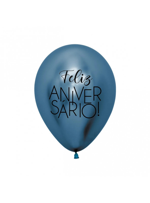 Balão de Látex Feliz Aniversário Azul Cromado 12 Polegadas 28cm 10 Unidades