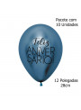 Balão de Látex Feliz Aniversário Azul Cromado 12 Polegadas 28cm 10 Unidades