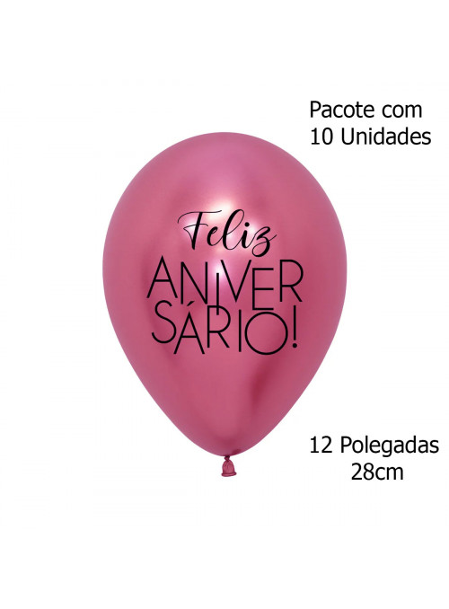 Balão de Látex Feliz Aniversário Rosa Cromado 12 Polegadas 28cm Sempertex 10 Unidades