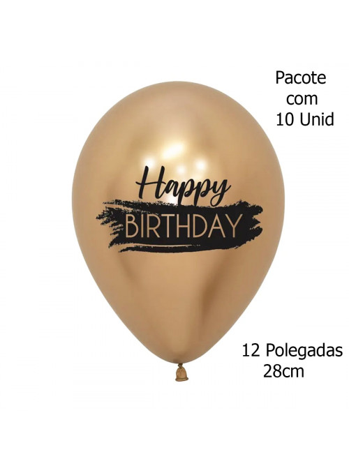 Balão de Látex Happy Birthday Dourado Cromado 12 Polegadas 28cm Sempertex 10 Unidades