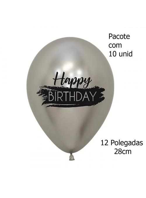 Balão de Látex Happy Birthday Prata Cromado 12 Polegadas 28cm Sempertex 10 Unidades