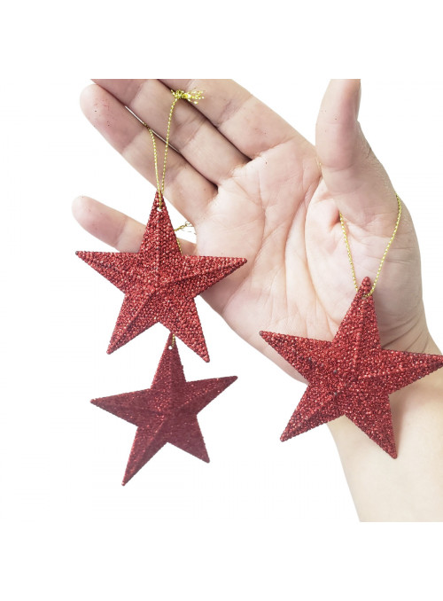 Enfeite para Pendurar Árvore de Natal Estrela Glitter Vermelha 7,5cm 3 Unidades