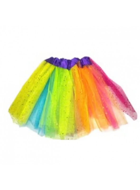 Saia Tutu de Tule Multicolorida com Brilho 40cm Adulto Fantasia Carnaval