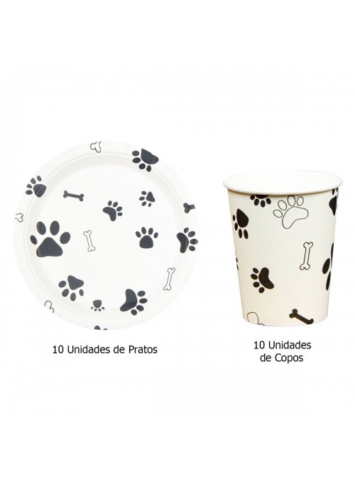 Prato e Copo de Papel Patas Cachorro Kit 10 Pratos e 10 Copos