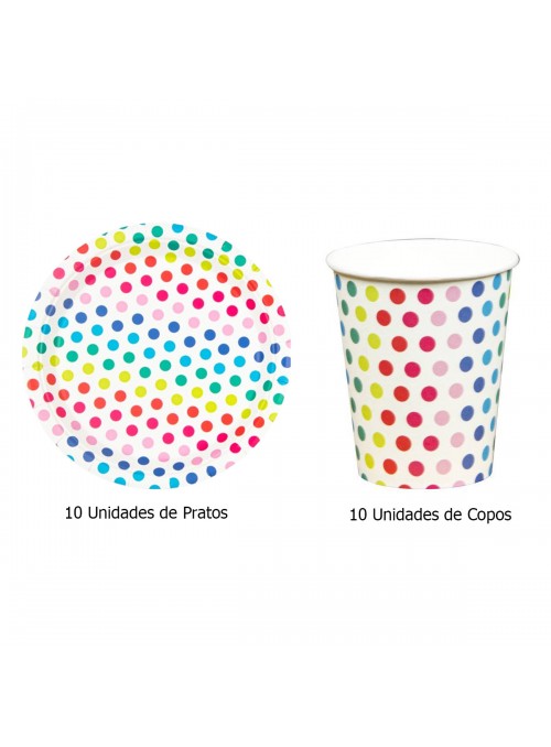 Prato e Copo de Papel Bolinhas Coloridas Kit 10 Pratos e 10 Copos