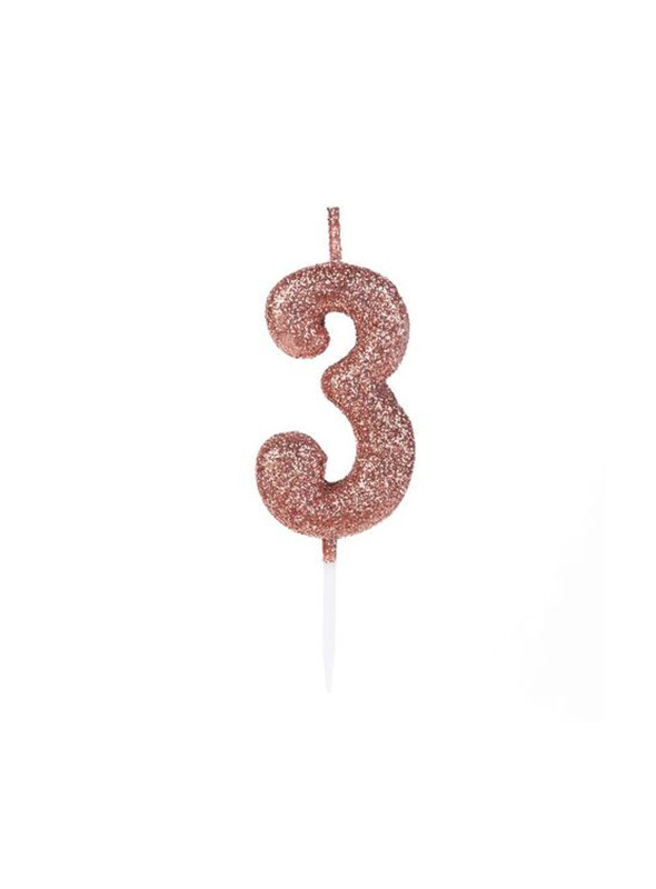 Vela de Aniversário Número 3 Glitter Rose Gold 4,5cm