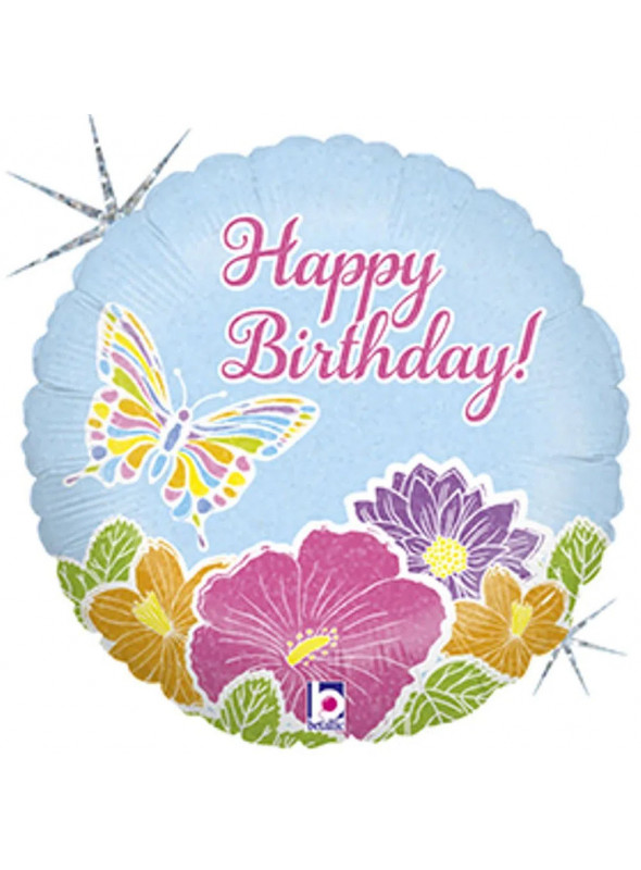 Balão Metalizado Feliz Aniversário Borboleta Flores Pastel 18 Polegadas 46cm Grabo