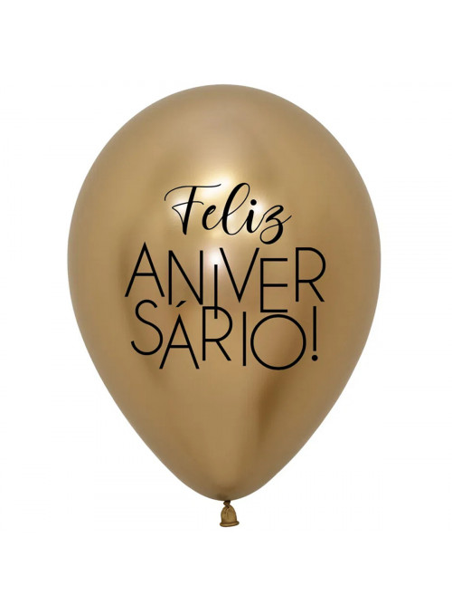 Balão de Látex Feliz Aniversário Dourado Cromado 12 Polegadas 28cm Sempertex 10 Unidades