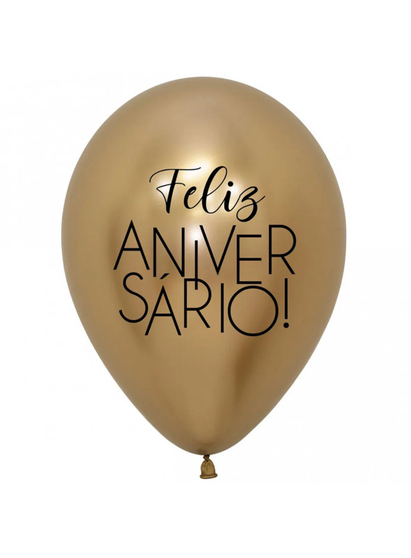 Balão de Látex Feliz Aniversário Dourado Cromado 12 Polegadas 28cm Sempertex 10 Unidades