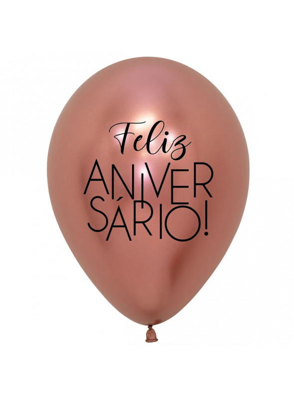 Balão de Látex Feliz Aniversário Rose Gold Cromado 12 Polegadas 28cm Sempertex 10 Unidades