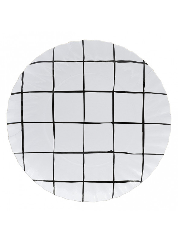 Prato de Papel Grid Preto e Branco 18cm Mesa Festa 5 Unidades