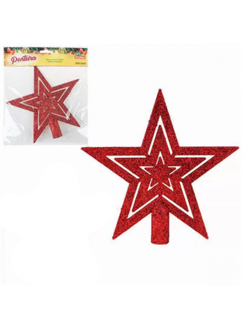 Ponteira Árvore de Natal Estrela Glitter Vermelha 18cm