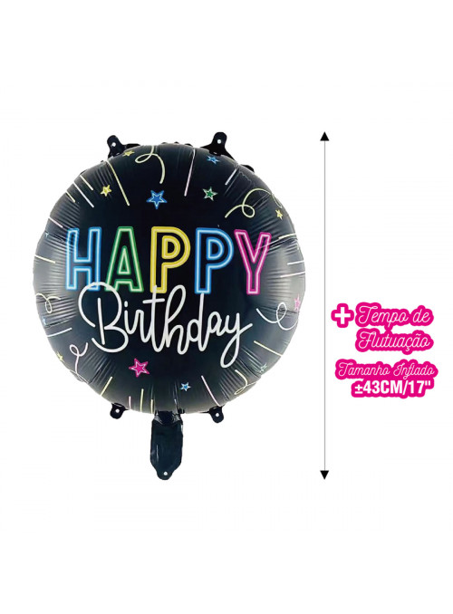 Balão Metalizado Happy Birthday Preto 17 Polegadas 43cm Bam Festas