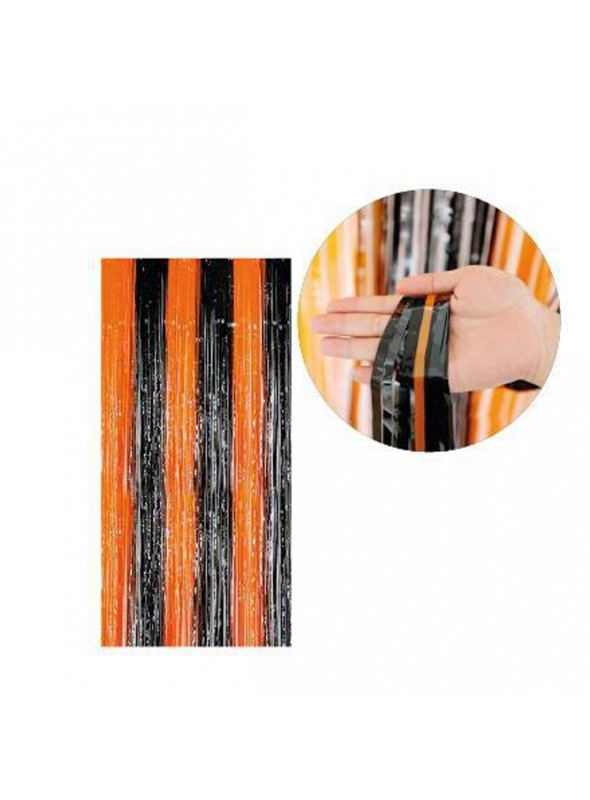 Cortina Metalizada Laranja e Preto 100 x 200cm Decoração Halloween Decoração Dia das Bruxas