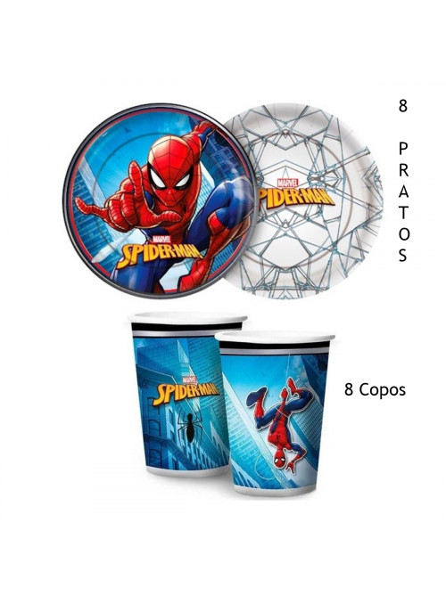 Prato e Copo de Papel Festa Homem Aranha Kit 8 Pratos e 8 Copos