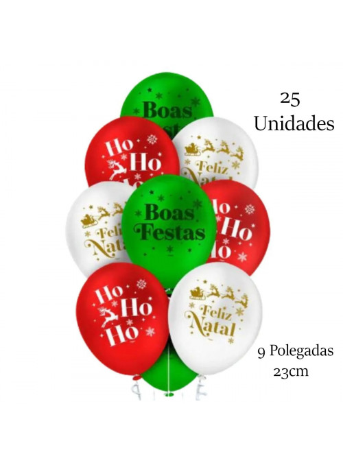 Balão de Látex Natal Mágico Boas Festas 9 Polegadas 23cm 25 Unidades