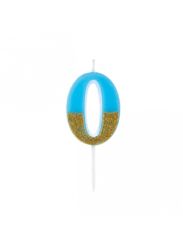 Vela de Aniversário Número 0 Azul Glitter Dourado 8,5cm