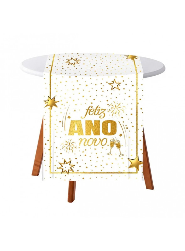 Trilho de Mesa Feliz Ano Novo Branco e Dourado 2mx40cm Decoração Ano Novo