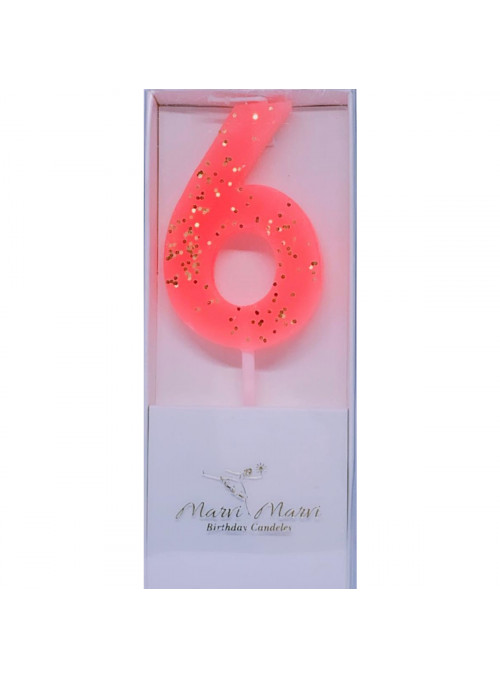 Vela de Aniversário Coral com Glitter Número 6 Premium