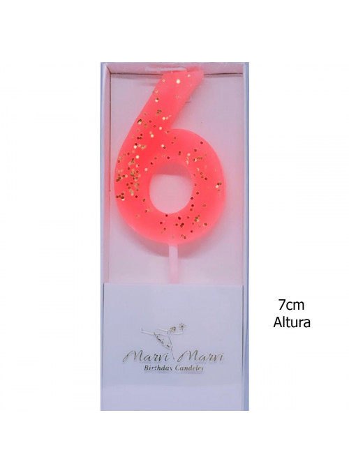 Vela de Aniversário Coral com Glitter Número 6 Premium