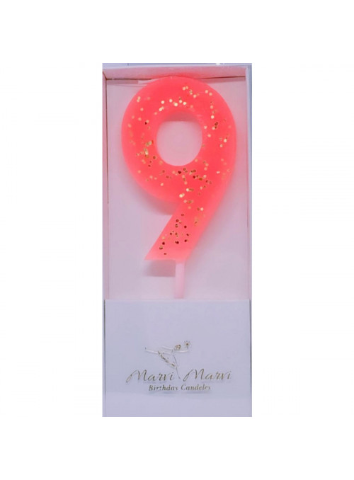 Vela de Aniversário Coral com Glitter Número 9 Premium