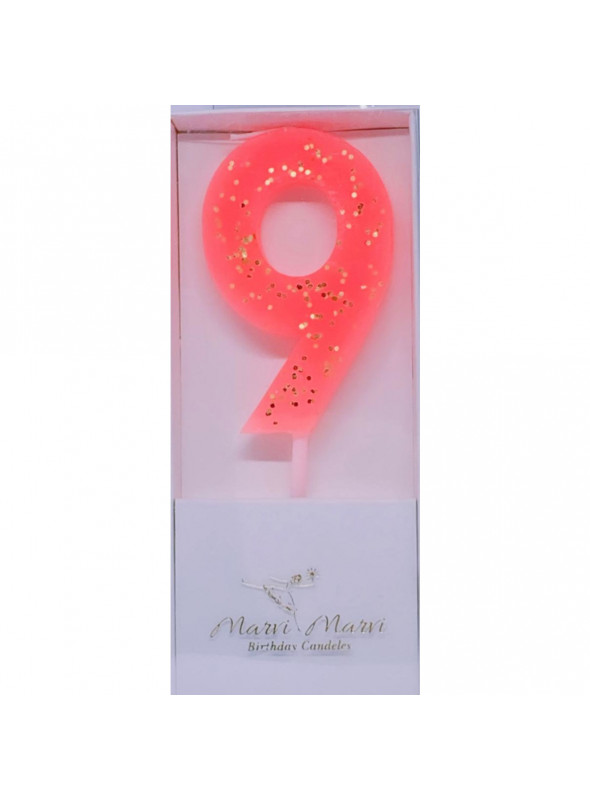 Vela de Aniversário Coral com Glitter Número 9 Premium